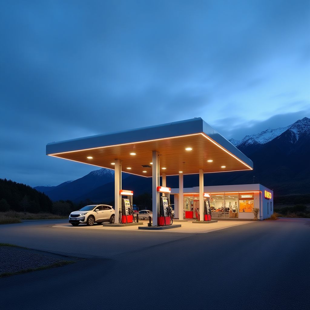 Estación de servicio moderna en la Patagonia